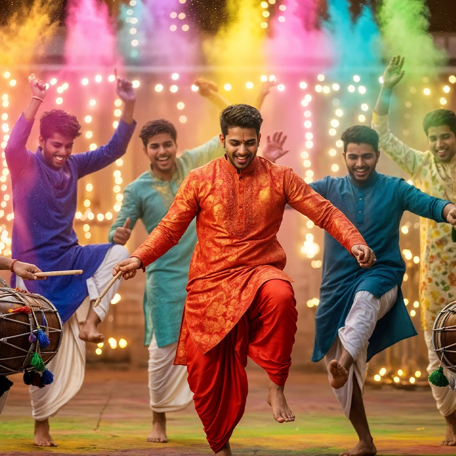 Performers dancing at a colourful live event