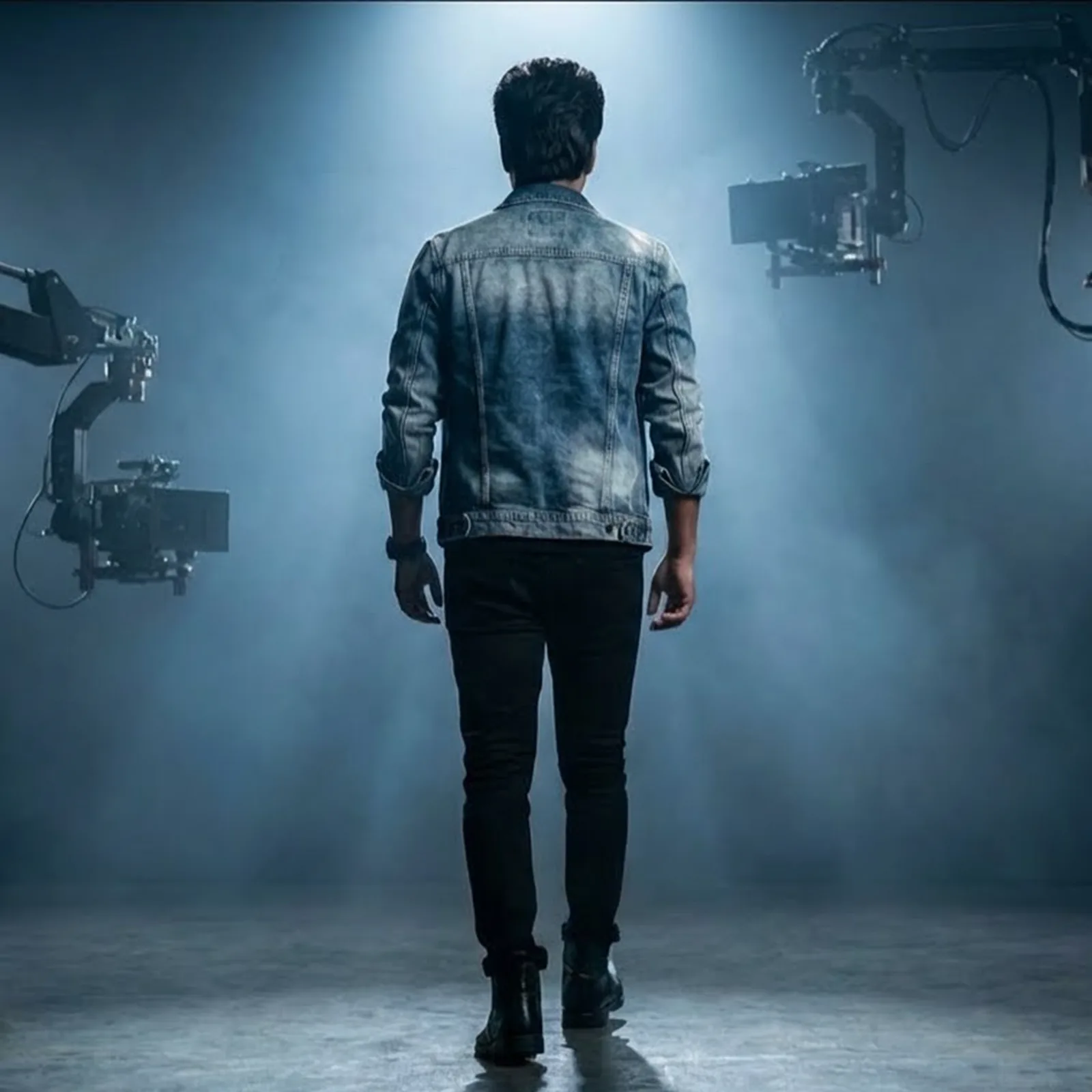 A filmmaker walking onto a studio set surrounded by cinema cameras